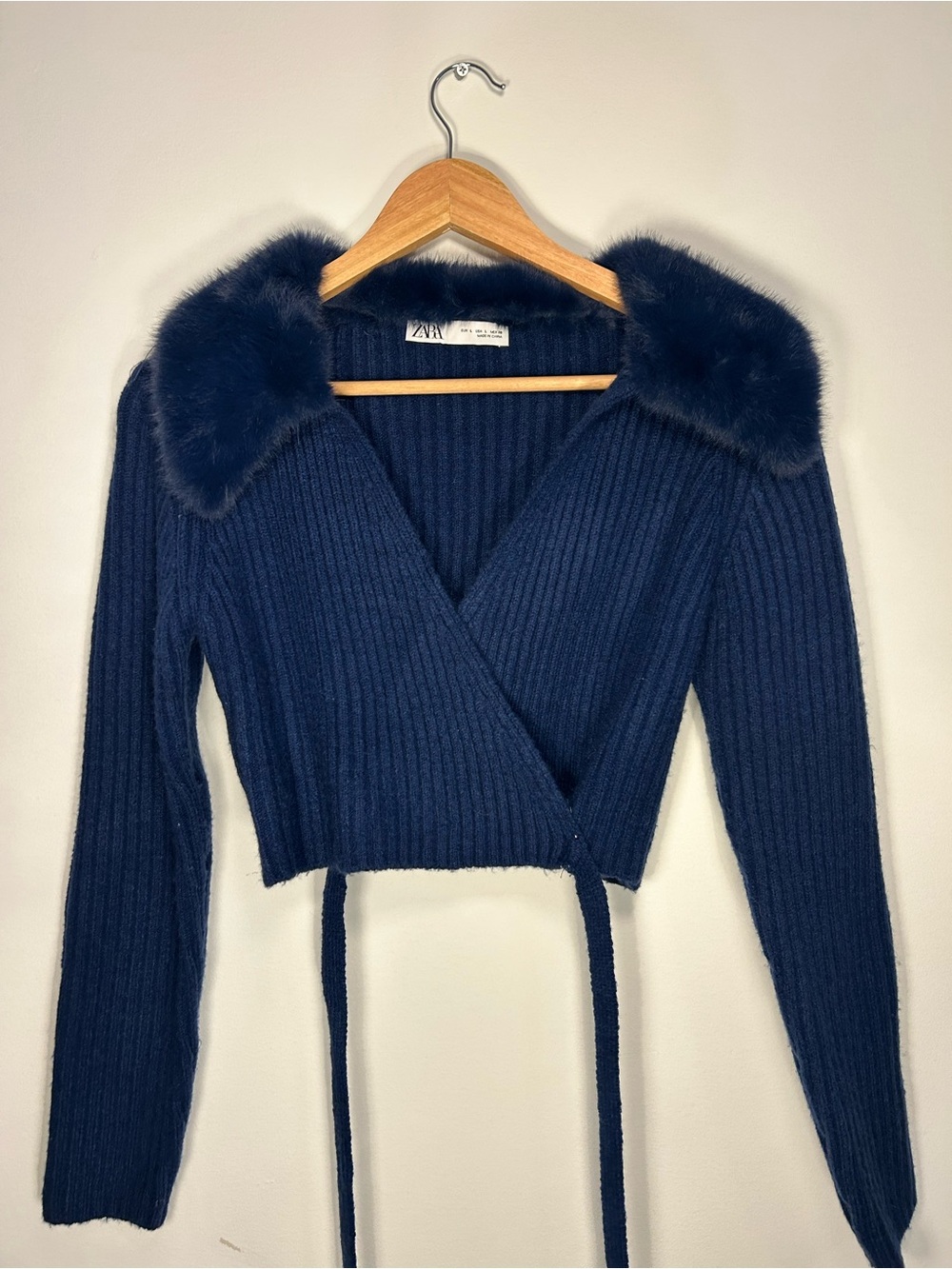 Zara Navy Ribbed Wrap Sweater with Faux-Fur Collar